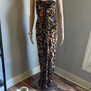 Dots Strapless Leopard-Print Maxi Dress in Brown and Black